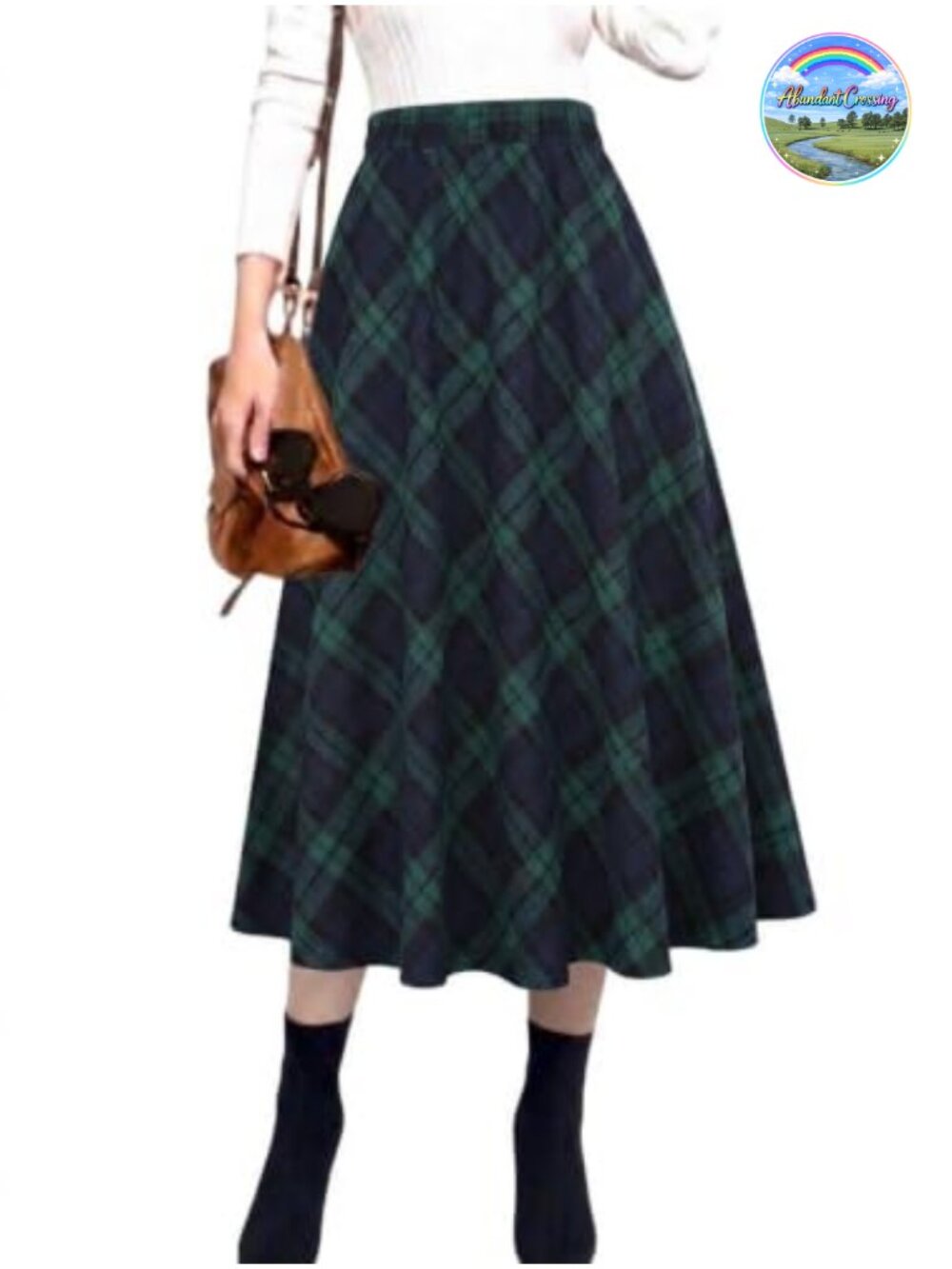 Plaid A-Line Midi Skirt High Waist Elastic Pull On Flared Casual